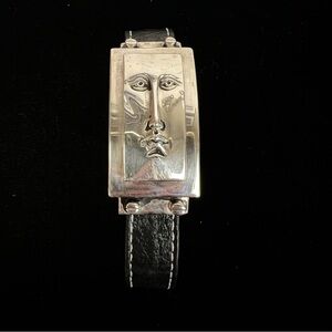 Sergio Bustamante Signed Silver and Black Leather Bracelet Mexico Artist